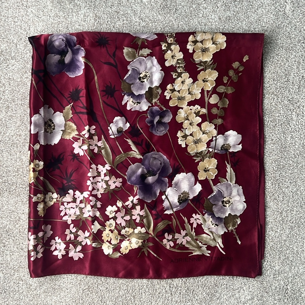 Adrienne Vittadini large 34” square vintage scarf Earthy Floral Burgundy
